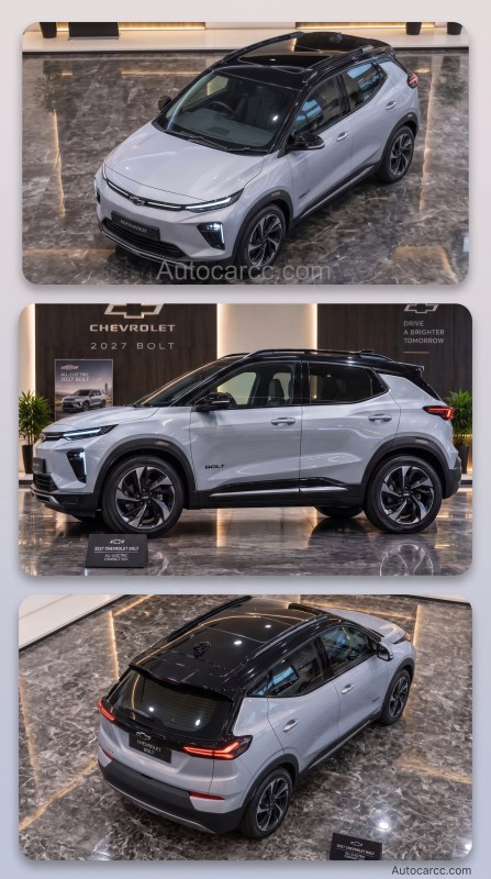 2027 Chevrolet Bolt EV new all-electric compact SUV concept collage front side and rear views