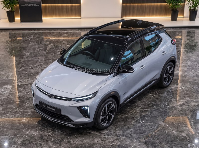 2027 Chevrolet Bolt EV new all-electric compact SUV concept front three-quarter view with LED light bar
