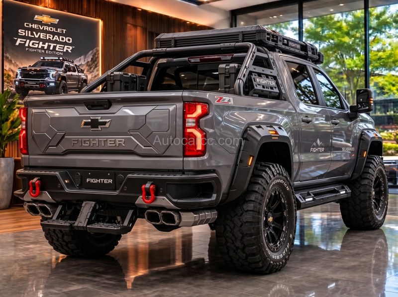 2027 Chevrolet Silverado Fighter Offroad Concept Rear Tailgate View 2027 Chevrolet Silverado Fighter new offroad edition concept low rear corner with Silverado tailgate and red hooks