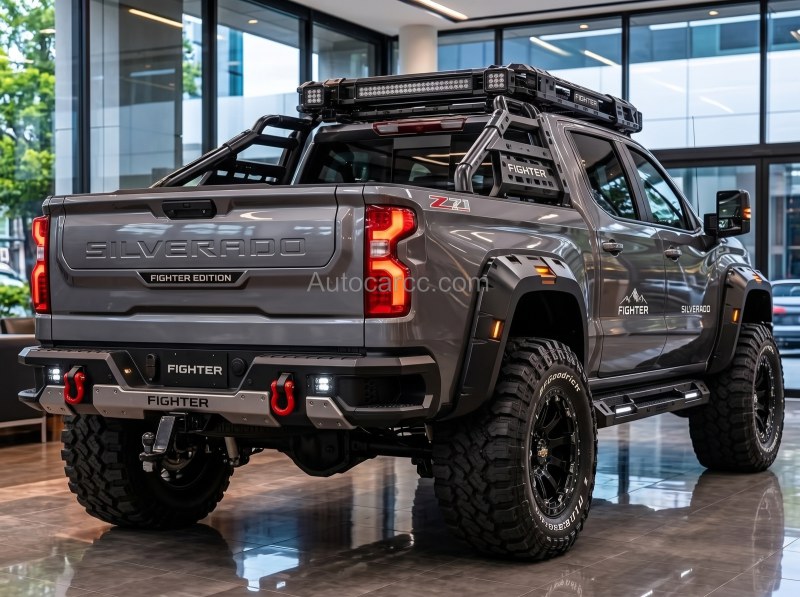 2027 Chevrolet Silverado Fighter Offroad Concept Rear Three-Quarter View 2027 Chevrolet Silverado Fighter new offroad edition concept rear three-quarter view with recovery bumper