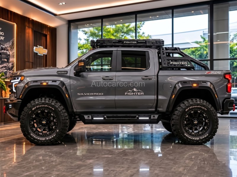 2027 Chevrolet Silverado Fighter Offroad Concept Side Profile 2027 Chevrolet Silverado Fighter new offroad concept side profile with crew cab and roof rack