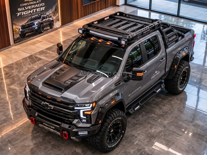 2027 Chevrolet Silverado Fighter Offroad Concept High Front Overview 2027 Chevrolet Silverado Fighter new offroad concept high front overview with roof rack and winch bumper