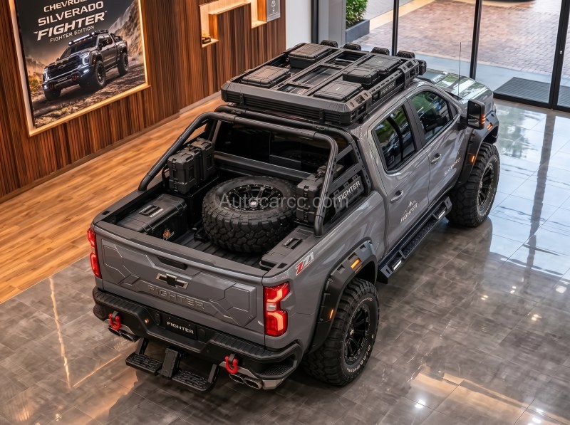 2027 Chevrolet Silverado Fighter Offroad Concept Bed Rack and Spare 2027 Chevrolet Silverado Fighter new offroad edition concept cargo bed with mounted spare tire and rack