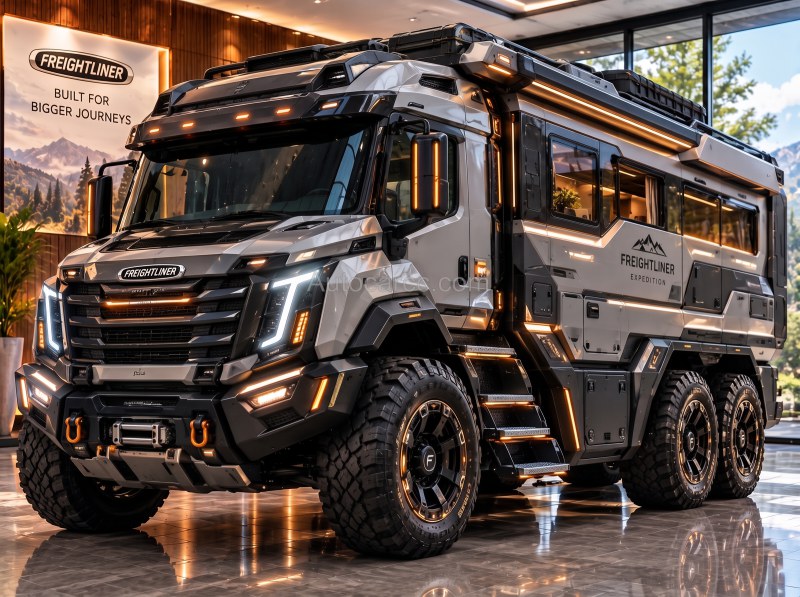 2027 Freightliner Cascadia Adventure new offroad camping concept front three-quarter 6x6 view