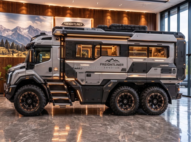 2027 Freightliner Cascadia Adventure new offroad concept side profile with camper windows and 6x6 stance