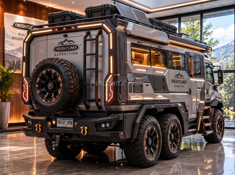 2027 Freightliner Cascadia Adventure new offroad camping concept rear view with spare tire and ladder