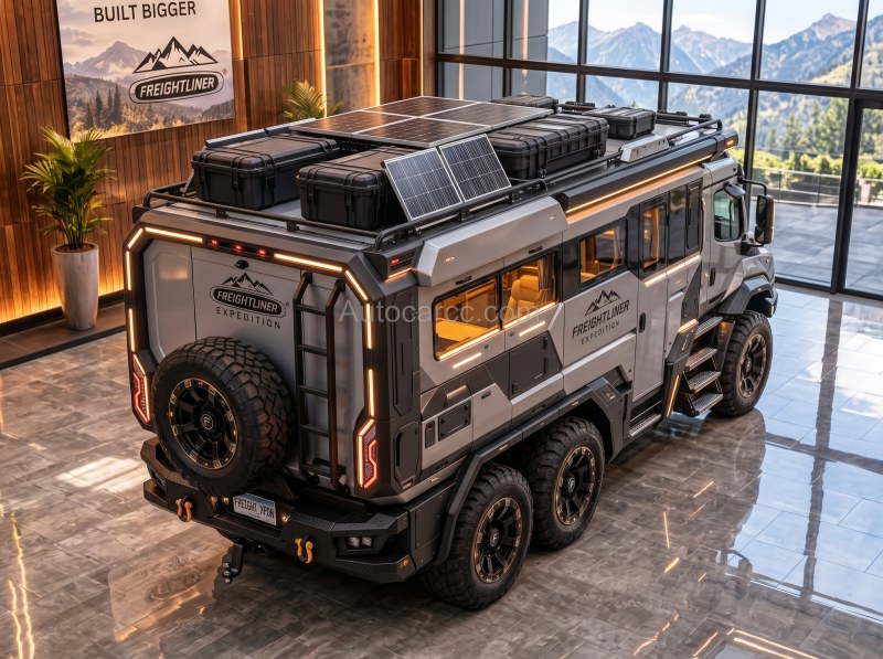 2027 Freightliner Cascadia Adventure new offroad camping concept high rear view with solar roof and spare tire