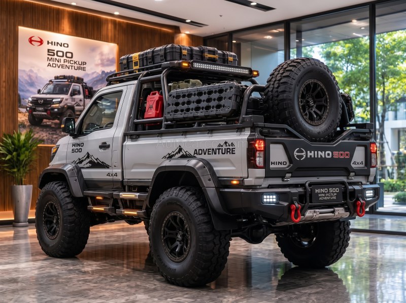 2027 Hino 500 Adventure new offroad mini pickup concept rear three-quarter view with spare tire and roof rack