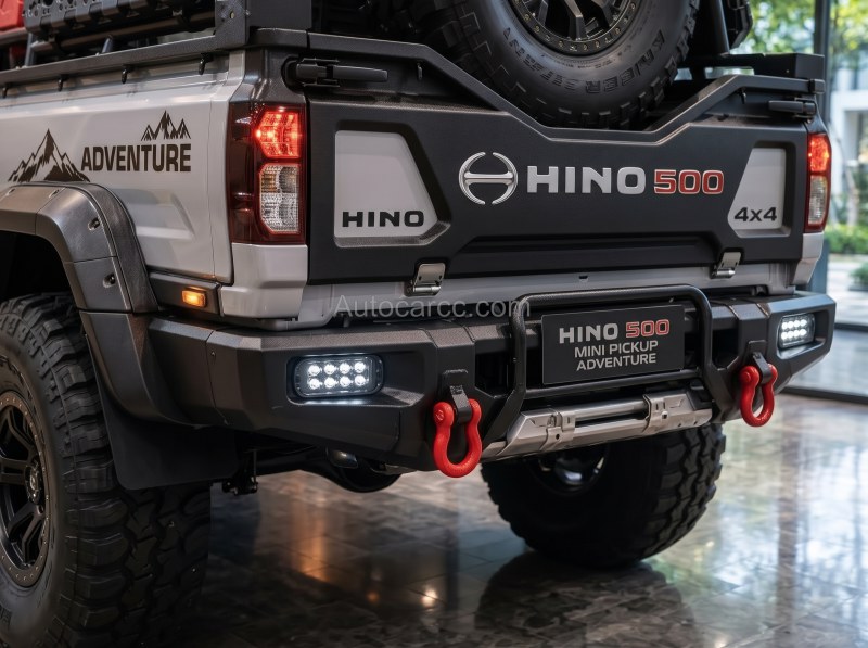 2027 Hino 500 Adventure new offroad mini pickup concept rear bumper with Hino 500 4x4 tailgate and red tow hooks