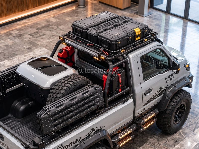 2027 Hino 500 Adventure new offroad mini pickup concept cargo bed with spare tire box and roof rack