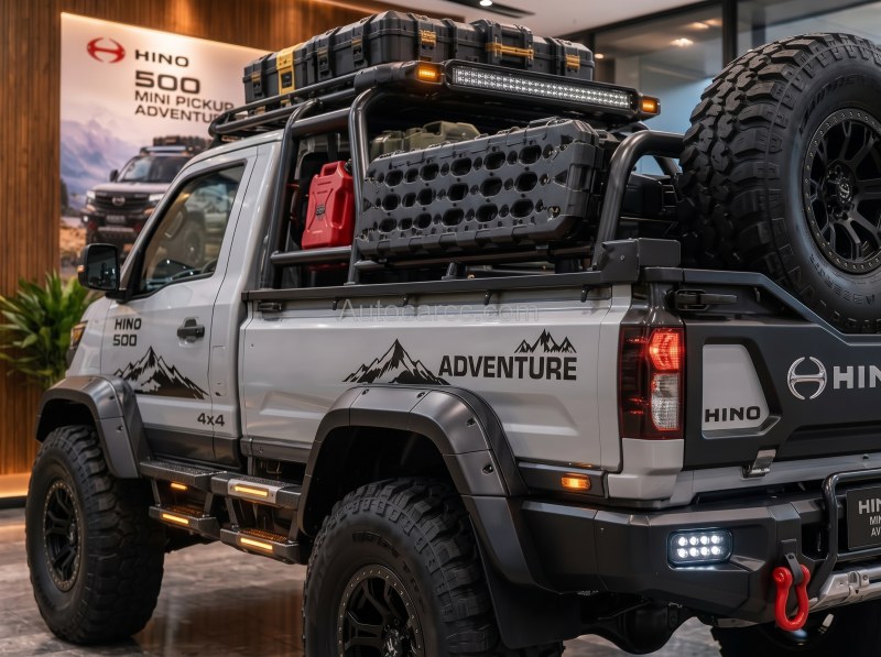 2027 Hino 500 Adventure new offroad concept side bed rack with mountain graphics and mounted spare tire