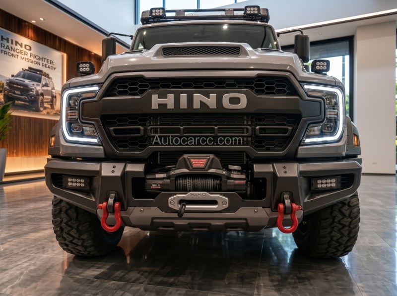 2027 Hino Ranger Fighter front view with Hino grille LED lights winch and roof light bar