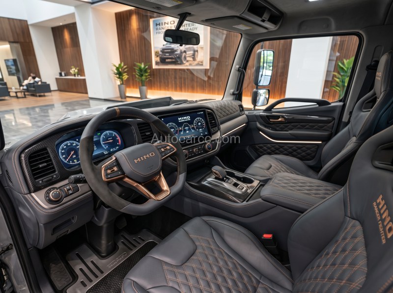 2027 Hino Ranger Fighter driver cabin with Hino steering wheel digital cluster and quilted seats