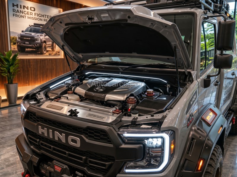 2027 Hino Ranger Fighter with hood open showing engine bay and Hino front end