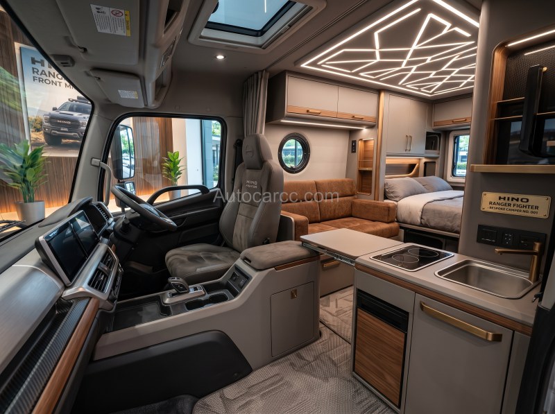 2027 Hino Ranger Fighter camper interior with kitchen table bed and round window