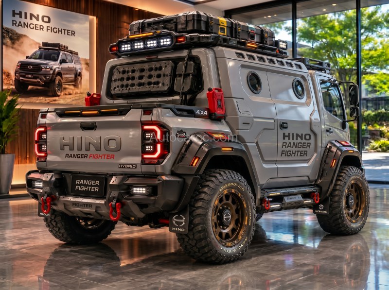 2027 Hino Ranger Fighter rear three-quarter view with hybrid tailgate roof rack and off-road tires