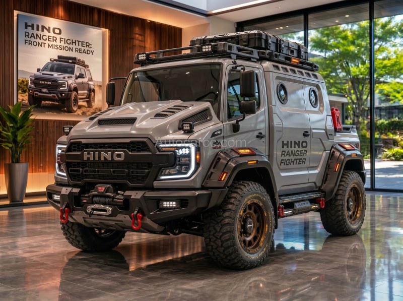 2027 Hino Ranger Fighter full front three-quarter reveal in showroom with winch and roof rack