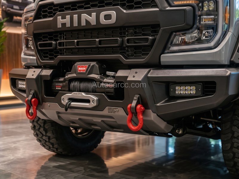 2027 Hino Ranger Fighter front winch bumper with red recovery hooks and auxiliary lights