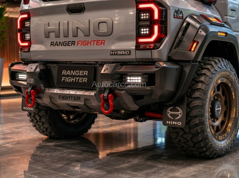 2027 Hino Ranger Fighter rear bumper with Ranger Fighter hybrid badge and red tow hooks