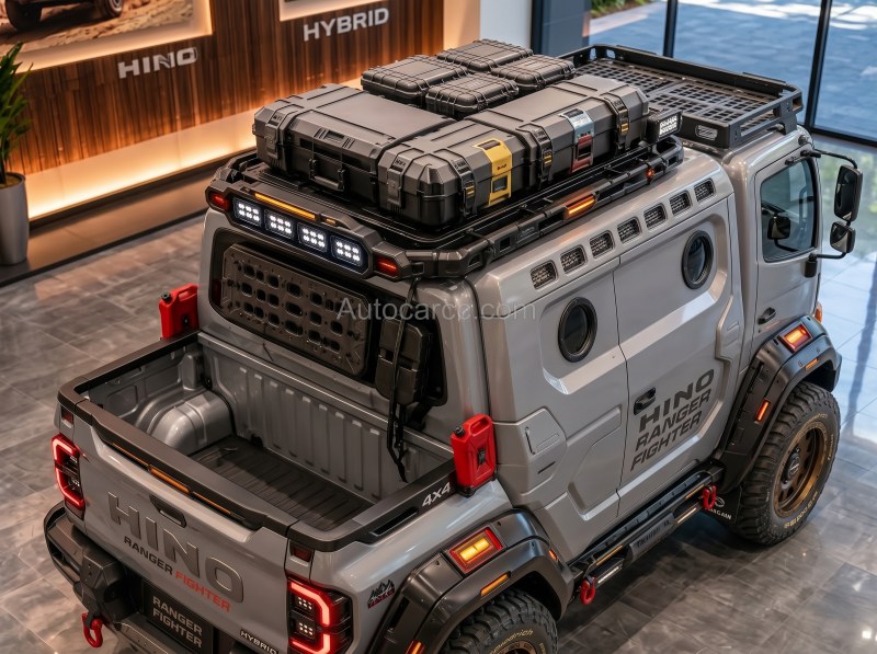 2027 Hino Ranger Fighter short cargo bed with rear rack roof boxes and round cabin windows