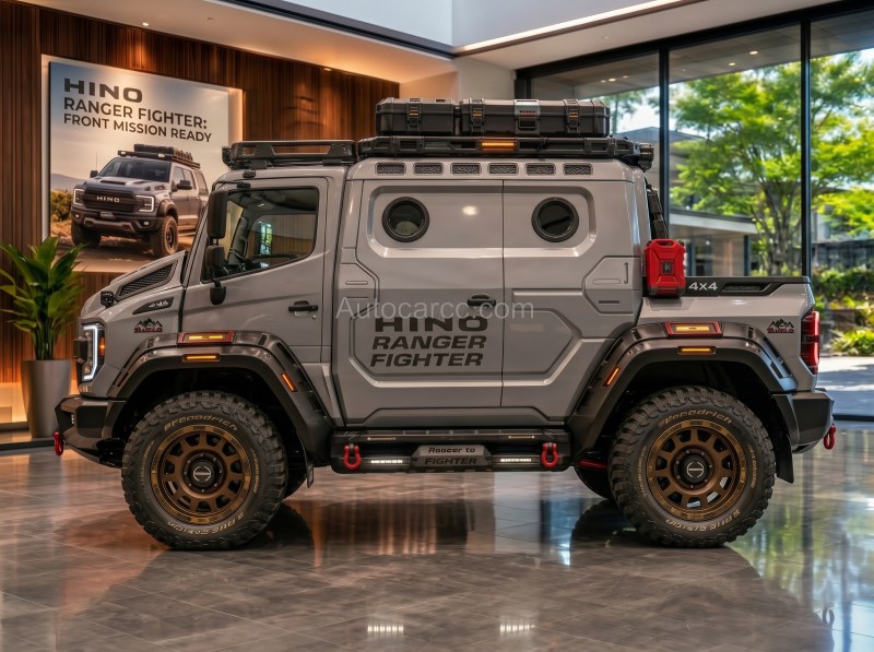 2027 Hino Ranger Fighter side profile with expedition cabin short bed and off-road wheels