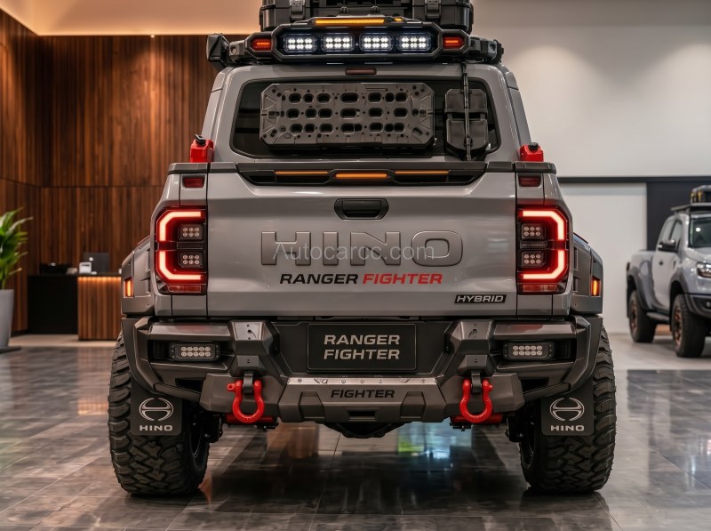 2027 Hino Ranger Fighter straight rear view with LED tail lights roof rack and recovery bumper