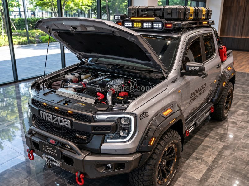 2027 Mazda Bongo Fighter Pickup Offroad with hood open showing engine bay in showroom