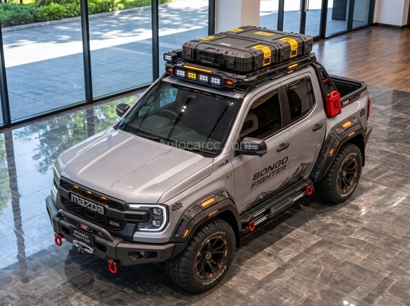 2027 Mazda Bongo Fighter Pickup Offroad high front three-quarter overview with roof cargo and winch