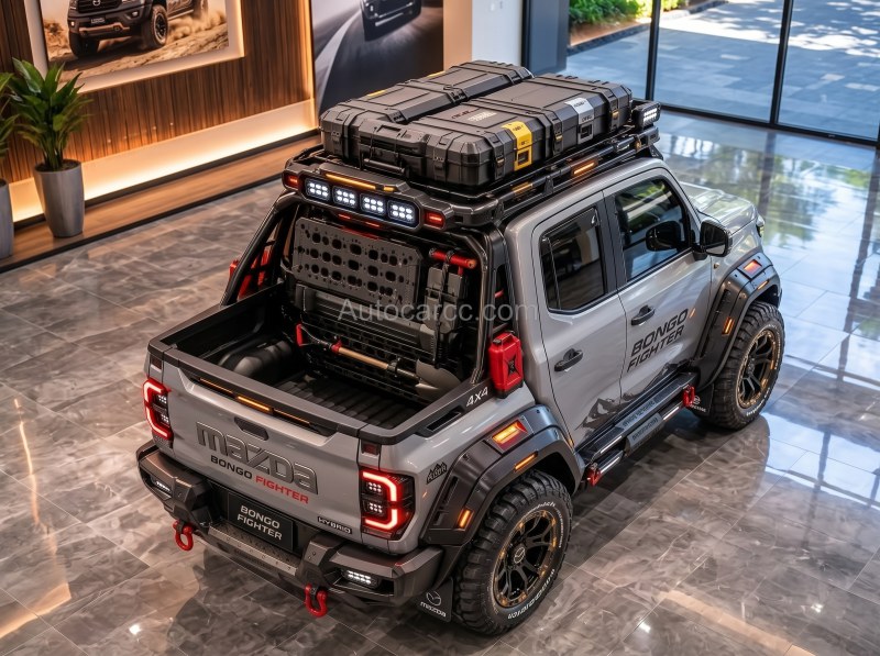 2027 Mazda Bongo Fighter Pickup Offroad high rear angle showing short bed rack and roof cases