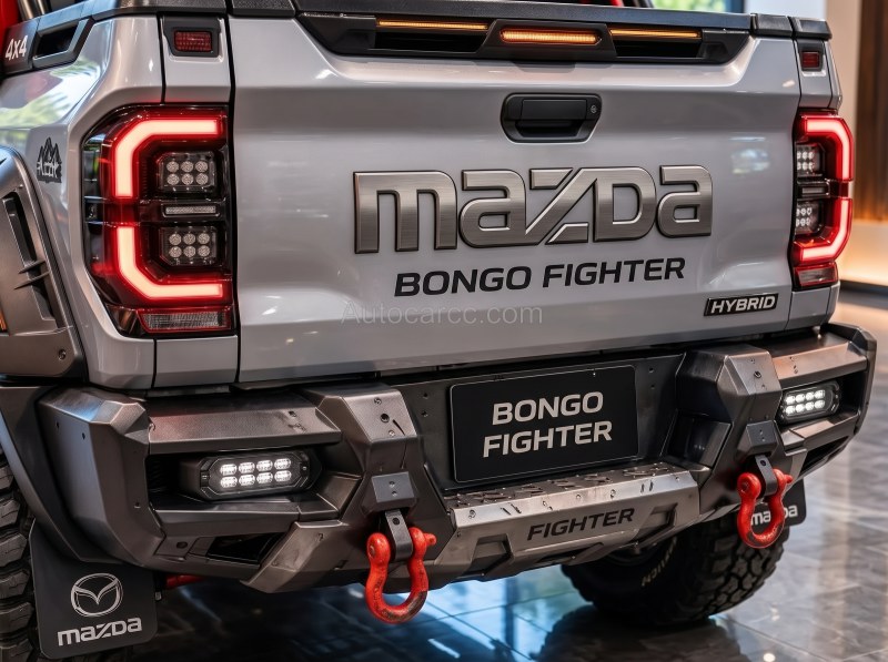 2027 Mazda Bongo Fighter Pickup Offroad rear tailgate with Mazda lettering and red tow hooks