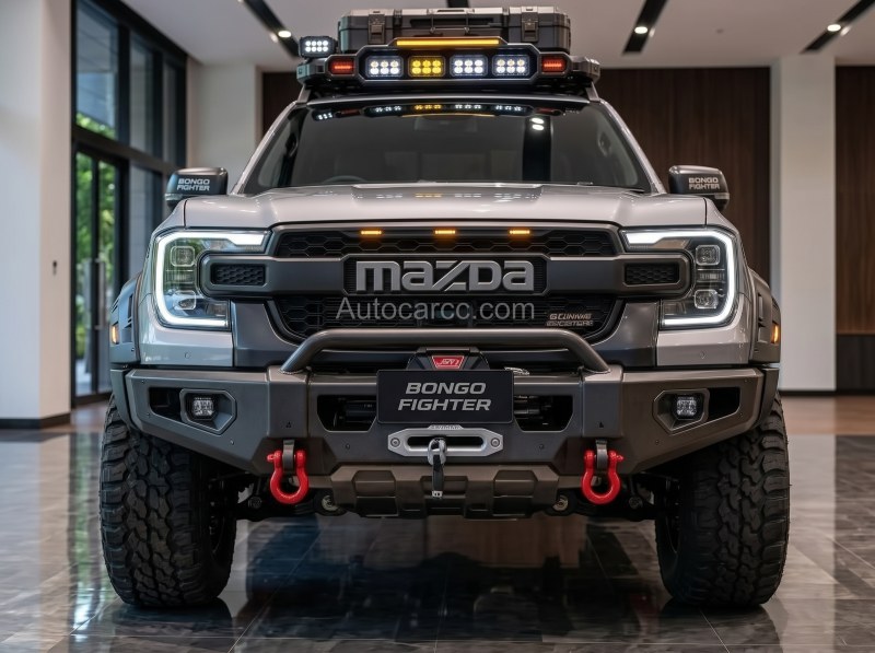 2027 Mazda Bongo Fighter Pickup Offroad front view with Mazda grille winch and roof light bar
