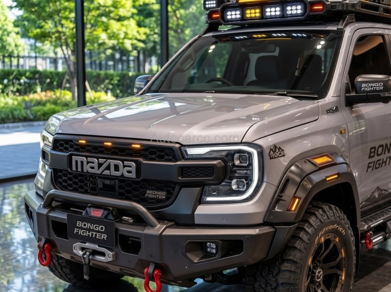 2027 Mazda Bongo Fighter Pickup Offroad front three-quarter view with roof rack and flared fenders
