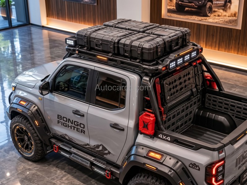 2027 Mazda Bongo Fighter Pickup Offroad roof cargo boxes and molle bed rack on short pickup bed