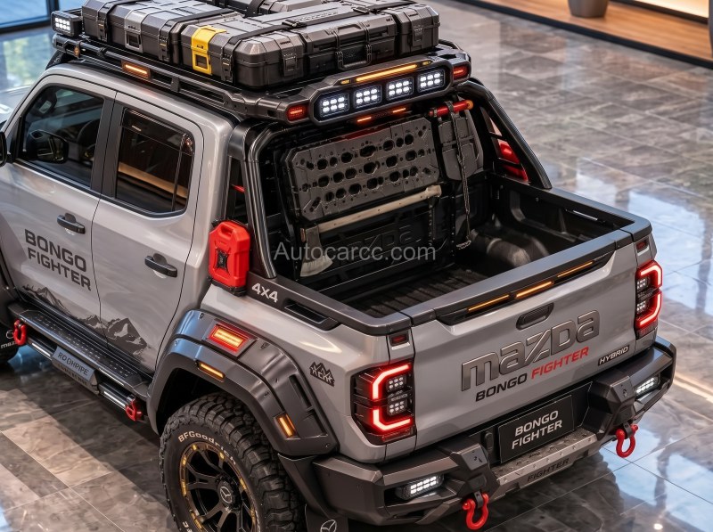 2027 Mazda Bongo Fighter Pickup Offroad high rear three-quarter view of cargo bed and tailgate