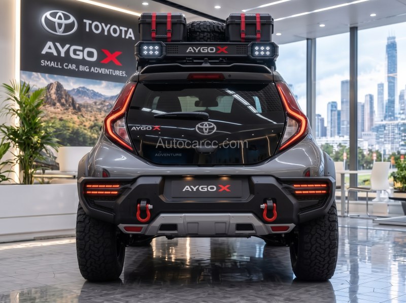 2027 Toyota Aygo X Adventure new offroad concept rear view with recovery hooks and roof rack