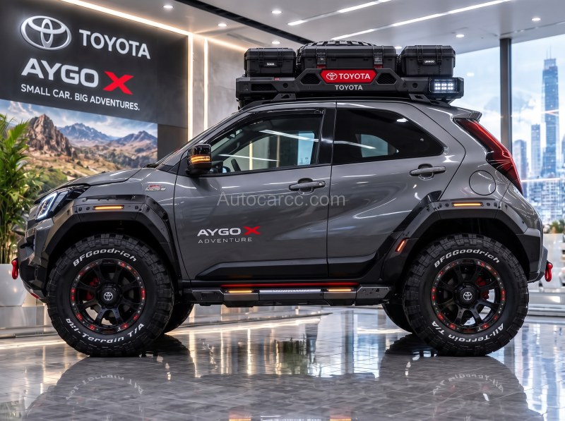 2027 Toyota Aygo X Adventure new offroad concept side profile with lifted stance and roof cargo boxes