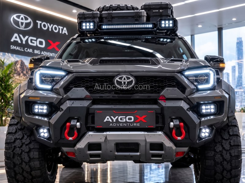 2027 Toyota Aygo X Adventure new offroad concept front view with winch bumper LED lights and Toyota badge