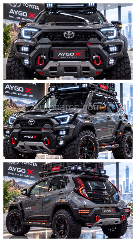 2027 Toyota Aygo X Adventure new offroad concept collage front three-quarter and rear views versus Jeep Wrangler and Ford Bronco