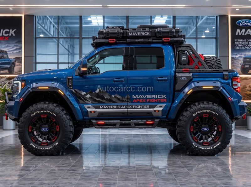 2027 Ford Maverick new offroad concept side profile with roof rack compared to Toyota Tacoma stance