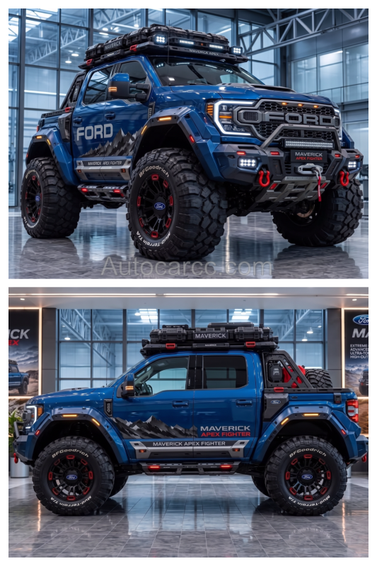 2027 Ford Maverick new offroad concept collage front and side views versus Toyota Tacoma and Chevy Colorado