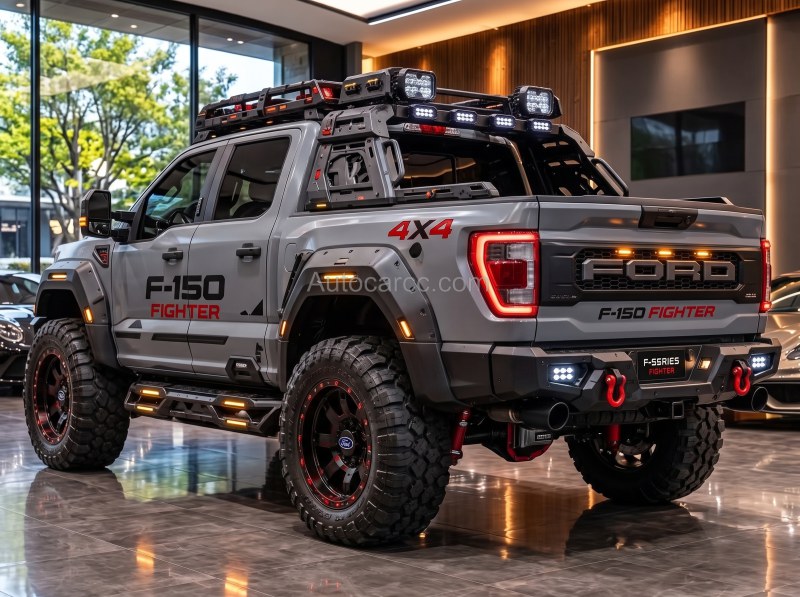 2027 Ford F-Series Fighter new offroad concept low rear corner with recovery bumper and F-150 Fighter graphics