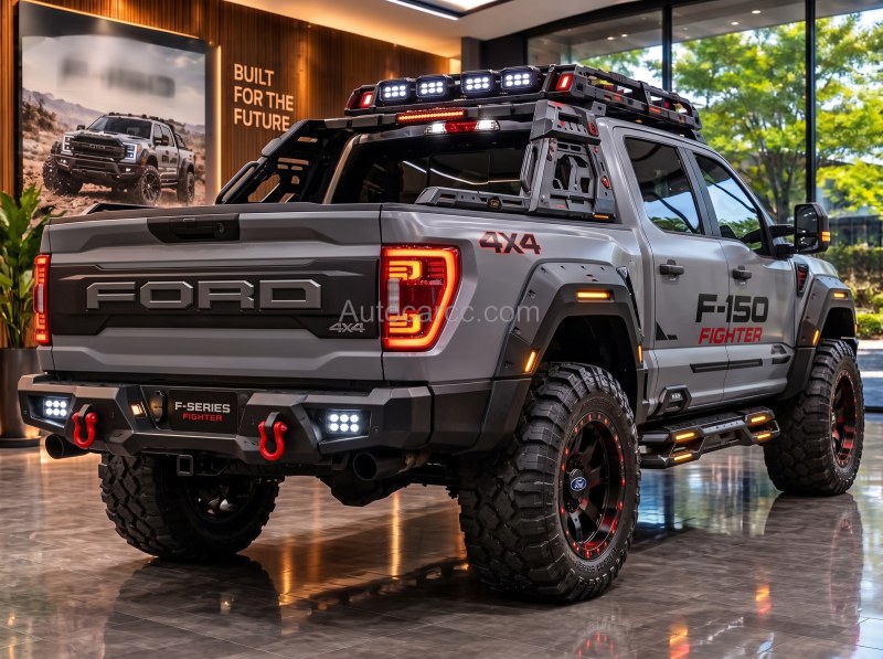 2027 Ford F-Series Fighter new offroad edition concept rear three-quarter view with Ford tailgate and 4x4 badge
