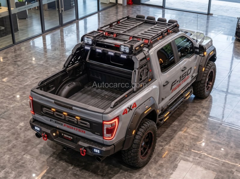 2027 Ford F-Series Fighter new offroad edition concept high rear view of cargo bed and roof rack