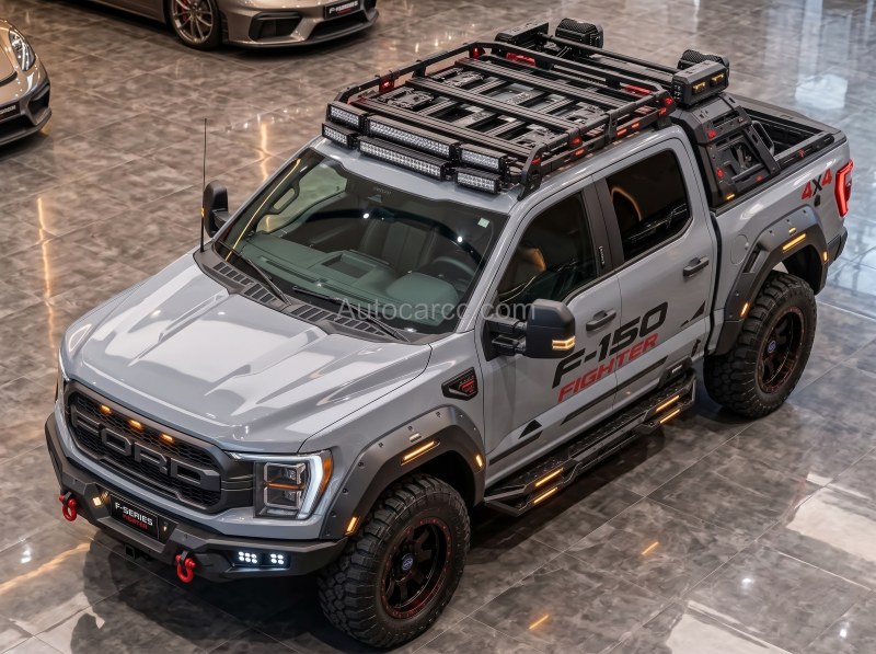 2027 Ford F-Series Fighter new offroad concept high front three-quarter overview with roof rack