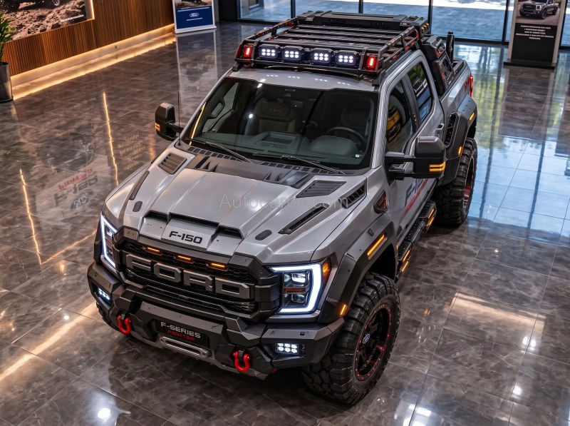 2027 Ford F-Series Fighter new offroad edition concept high front view with Ford grille and light bar