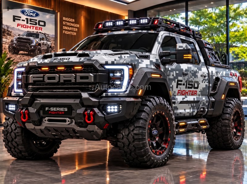 2027 Ford F-Series Fighter new offroad concept wide front showroom stance with F-150 Fighter decals