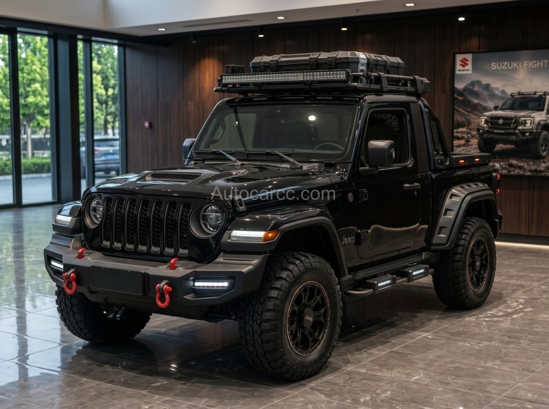 Jeep Wrangler Fighter Mini Pickup Full Front Three-Quarter View Jeep Wrangler Fighter Mini Pickup front three-quarter view in black with roof rack and red hooks
