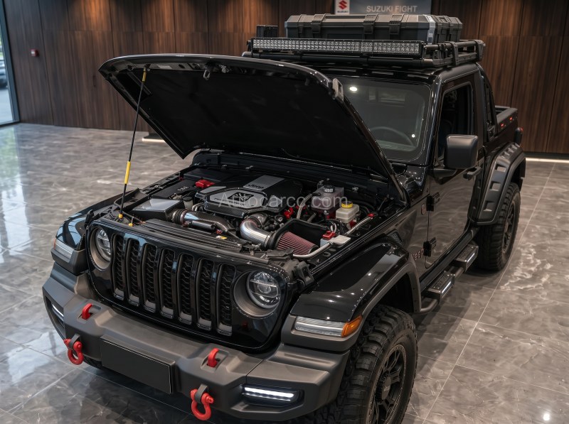 Jeep Wrangler Fighter Mini Pickup Open Hood View Jeep Wrangler Fighter Mini Pickup with hood open showing engine bay in showroom