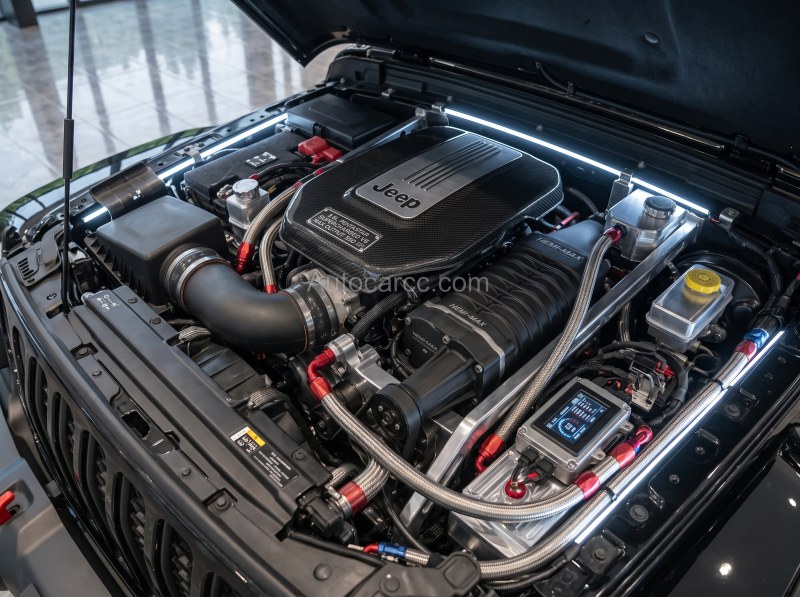 Jeep Wrangler Fighter Mini Pickup Engine Bay Detail Jeep Wrangler Fighter Mini Pickup engine bay with Jeep cover and custom intake piping