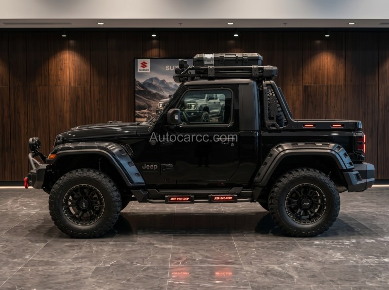 Jeep Wrangler Fighter Mini Pickup Side Profile Jeep Wrangler Fighter Mini Pickup side profile with short cargo bed and off-road wheels